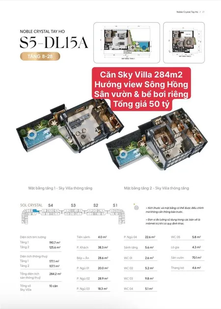 Căn sky villa 288m2 tầng cao view sông hồng, giá 63 tỷ, có bể bơi riêng, toà noble crystal tây hồ