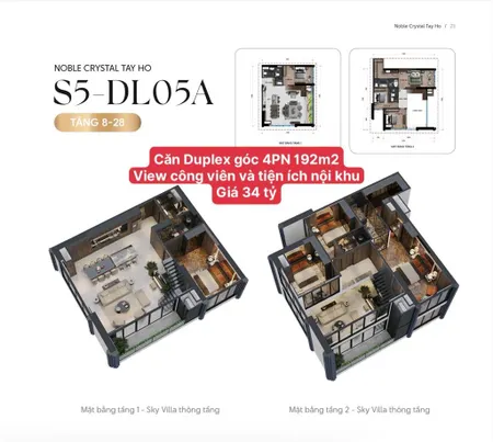 Căn góc duplex 4pn 197m2 giá 37 tỷ, view công viên ciputra 65ha, toà noble crystal tây hồ