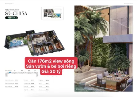 Căn góc 176m2 view sông hồng, có sân vườn và bể bơi riêng. tổng giá 35 tỷ. toà noble crystal tây hồ