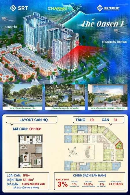 Căn 1pn+ the onsen1 view pháo hoa, ban công rộng thênh thang giá chủ đầu tư hưởng trọn chiết khấu