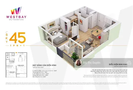 Bán 1 ngủ, 45m2 sử dụng tháp a , chung cư west bay ecopark view hồ