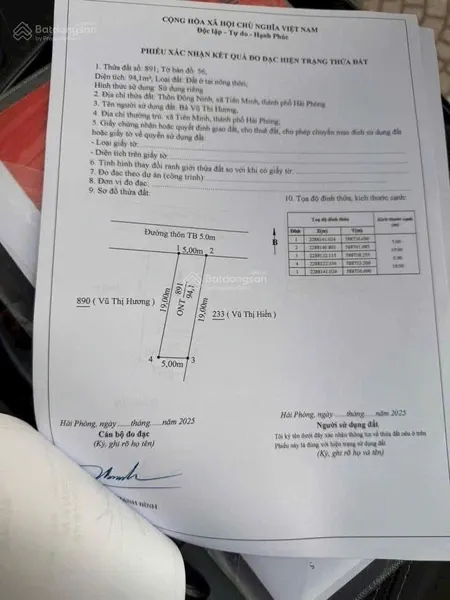 Bán đất tại xã tiên minh, tiên lãng, hải phòng, 1,35 tỷ, 94 m2 hot!