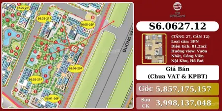 0903 115 *** duy nhất căn 3pn 81.5m2 giá rẻ 3tỷ990 phân khu hồ cá koi đẹp nhất origami