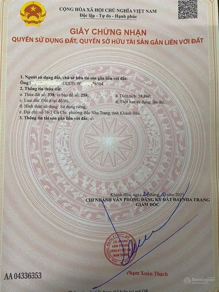 Lô đất hẻm củ chi, bắc nha trang 58,8m2 ngang 5,5m giá 3,55 tỷ