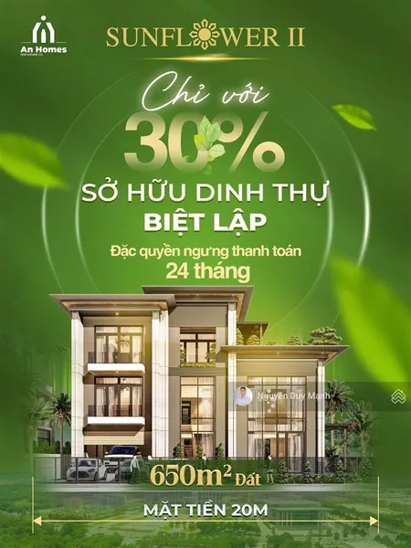 Sở hữu dinh thự sunflower mặt tiền 20m chỉ với 30% vốn đặc quyền ngưng thanh toán 24 tháng