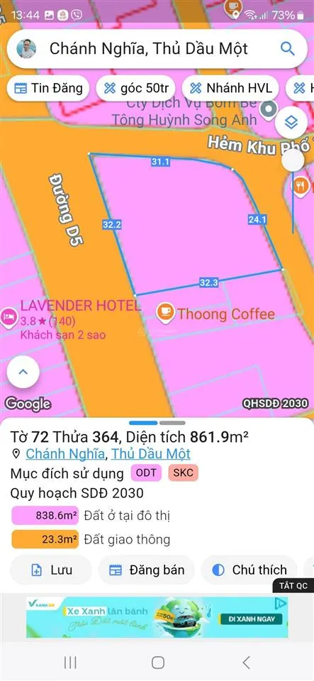 Lô góc 3 mặt tiền đường lớn kdc chánh nghĩa 862m2 thổ cư 683m2 vị trí cực kỳ đắc địa xây khách sạn
