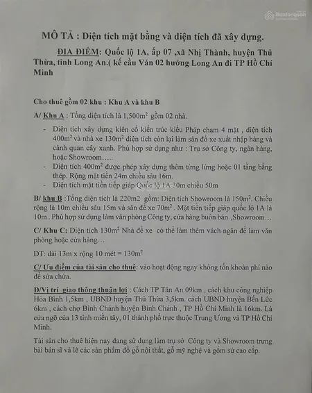 Chính chủ bán gấp 1,554m2 đất mặt tiền ql1a, xã nhị thành, huyện thủ thừa, long an