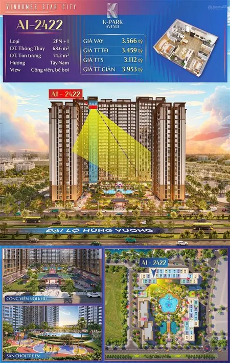 Căn góc 2pn + 1 siêu hiếm toà a1 tặng 1 năm tiền thuê k park avenue