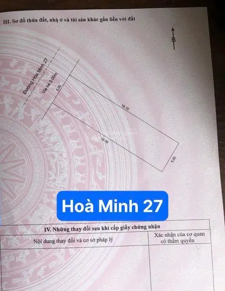 Đất mặt tiền hoà minh 27 đường 6m vỉa hè mỗi bên 3m gần trục chính hoàng thị loan