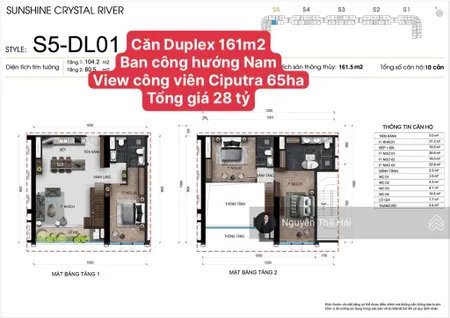 Căn duplex dl01 diện tích 161m2, ban công hướng nam, view công viên ciputra, toà noble crystal