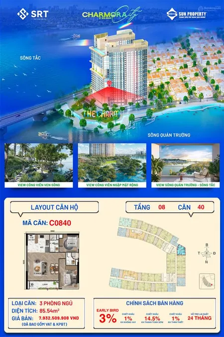 Căn hộ 3pn view sông, vừa ở vừa nghỉ dưỡng cao cấp charmora city cđt sungroup.