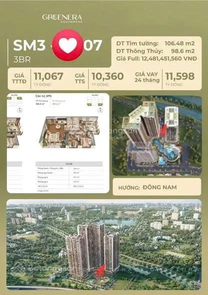 Bán căn hộ 3n greenera southmark ban công đông nam từ 10.36 tỷ