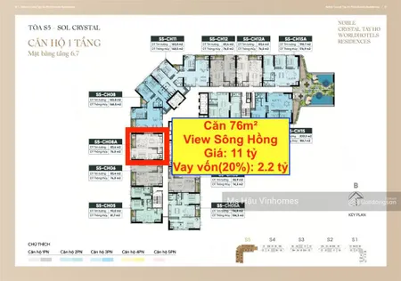 Căn 76m2 tầng 6 view sông hồng siêu đẹp giá 11 tỷ noble crystal tây hồ, vay chỉ cần 2,2 tỷ ký hđmb