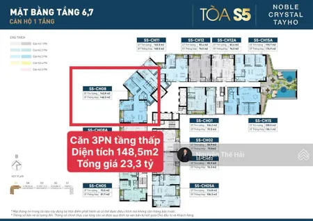 Căn 3pn diện tích 148,5m2, hướng view chéo sông hồng, tổng giá 23,3 tỷ toà noble crystal tây hồ