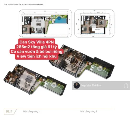 Căn sky villa 285m2 giá 61 tỷ, có sân vườn bể bơi riêng, view nội khu toà noble crystal tây hồ