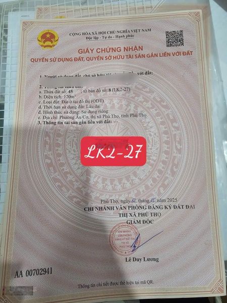 Bán gấp 120m2 đất nền khu Âu Cơ Park Phú Thọ. Trung tâm thị xã Phú Thọ. Giá siêu rẻ