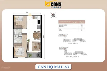 Duy nhất 1 căn bcons newsky a1.01, dt 57,78m2, 2pn, 2wc giá tốt nhất