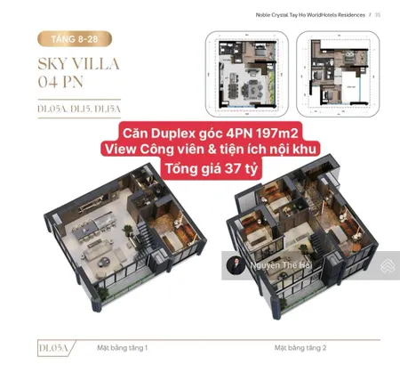 Căn góc duplex 4pn 197m2 giá 37 tỷ, view công viên ciputra 65ha, toà noble crystal tây hồ