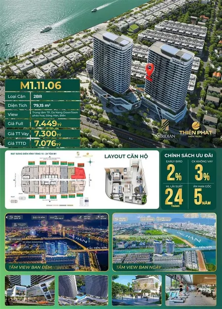 The meridian đà nẵng căn 2pn m1.11.06 | sở hữu tầm view trung tâm, số lượng giới hạn