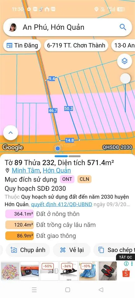 Hớn quản chủ kẹt tiền cần bán gấp lô đất 2 mặt tiền 570m2 có 100m2 thổ cư. giá 350tr bao sổ sách