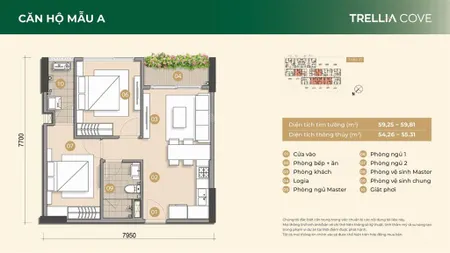 Căn hộ trellia cove 2pn1wc, giỏ hàng trực tiếp chủ đầu tư, tầng đẹp, gía tốt, ưu đãi khủng cuối năm