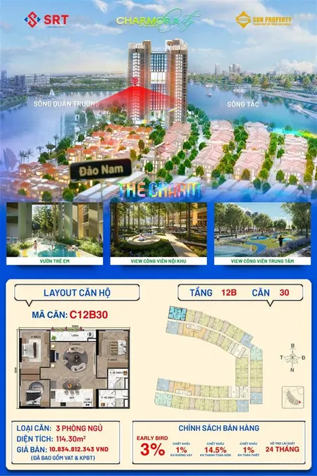 Căn góc 3pn ch30 toà the charm charmora city sun nha trang view pháo hoa view sông giá cđt