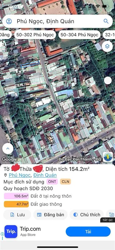 Bán lô đất ở có sẵn nhà cấp 4, 154m2 mặt tiền đường nhựa, dân cư ở đông đúc,cách ql 300m,giá 1,6tỷ