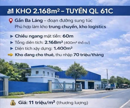 Hot! bán kho, nhà xưởng tại quốc lộ 61c, an bình, cần thơ, 23,848 tỷ, 2168 m2
