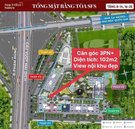 Căn góc 3pn+ giá 17 tỷ, diện tích 102m2, tầng trung, view nội khu toà sun feliza cầu giấy
