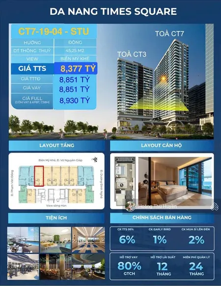 Căn hộ studio có tầm nhìn hướng biển đẹp, nằm trên tầng 19 của block ct7 times square đà nẵng