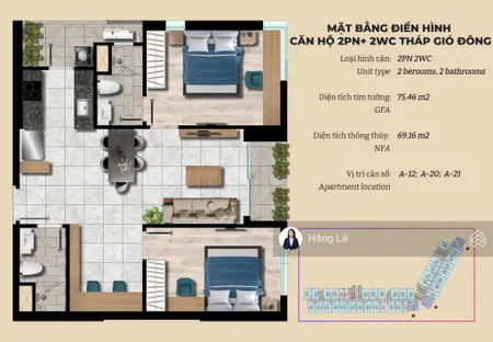 Chính chủ cần bán 2pn+ 75m2 the gió riverside
