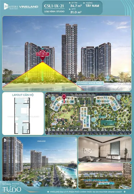 Mua studio tầng đẹp, view hồ tạo sóng chỉ 2,3 tỷ masteri grand coast, 0985 571 ***