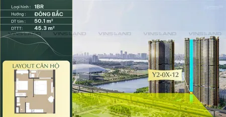 Căn hộ 1pn + y2 0x 12 dt 45.3m² đông bắc, view công viên hồ đại lộ
