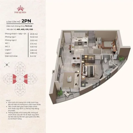 Căn 2pn hướng đông nam 72,9 m2 tặng ngay ô tô kia morning 450 triệu