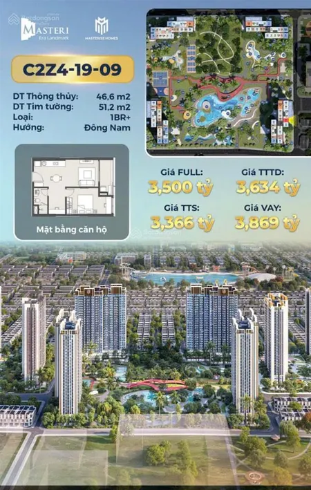 Bán căn hộ 2n cc masteri era landmark, 3,36 tỷ 46,6 m2, giá ưu đãi, uy tín. 0962 506 *** e linh