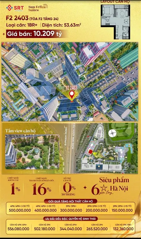 Bán căn hộ 1pn+ tầng 24 sun feliza suites view nội khu trung tâm hà nội chính chủ gửi bán că