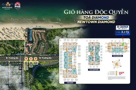 Căn hộ 1pn newtown diamond trực diện biển 34,74m giá 3,3 tỷ toà diamond