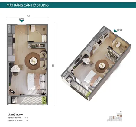 Căn hộ studio 36m2, giành cho người độc thân thích sự riêng tư, sang trọng, chỉ cần vốn ban đầu 15%