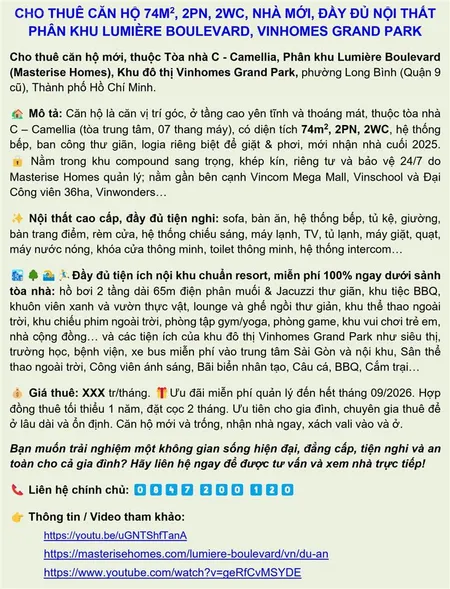 Cho thuê căn hộ 2pn, 2wc mới cao cấp, lumière boulevard, vinhomes grand park q9
