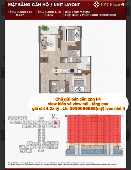Cần bán căn 2pn kề góc fpt plaza4 view biển và view núi
