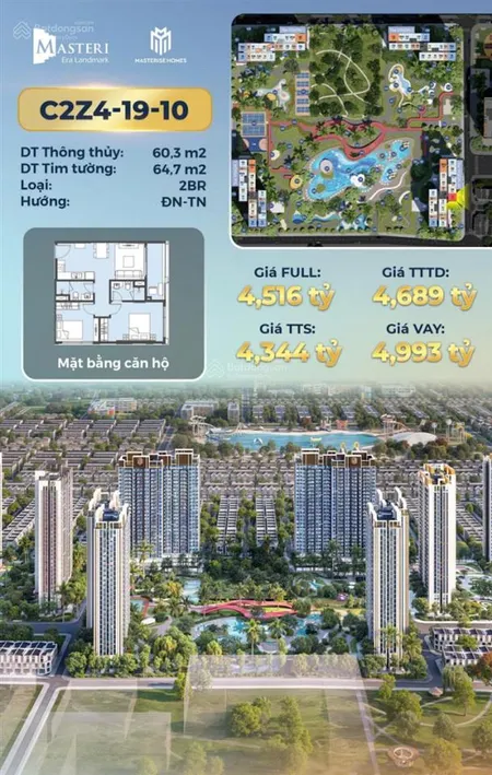 Bán ch masteri era landmark, 4,344 tỷ, 60,3 m2, 2pn, 2wc, đông nam view bể bơi siêu hot. 0962 506 ***