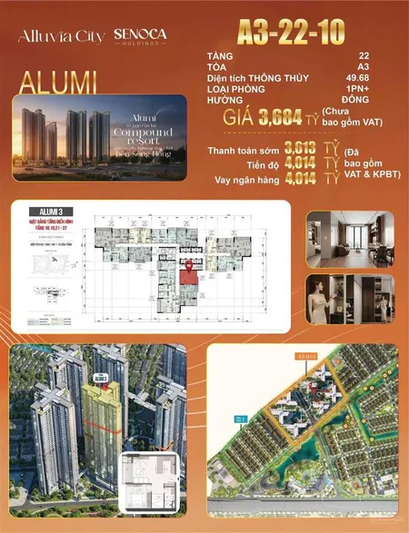 Bán cc 2pn, 1wc tại alumi alluvia city, 3,613 tỷ, 49,68m2
