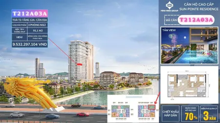 Căn hộ sun ponte trực diện sông hàn, căn góc 3br tầng 12 view trực diện sông chiết khấu đến 18%