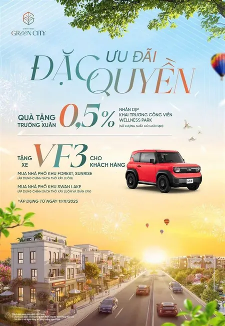 Chỉ từ 4 tỷ sở hữu nhà phố vinhomes green city long an nhận xe vf3, vay 85% miễn lãi 24 tháng