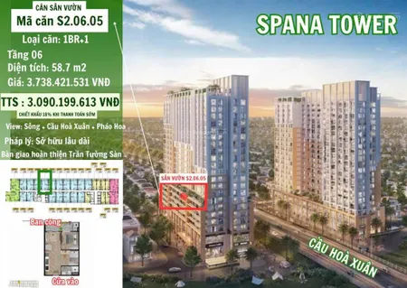 3.19 tỷ căn 1pn+1 sân vườn view pháo hoa spana tower bank hỗ trợ vay 70% miễn góc lãi