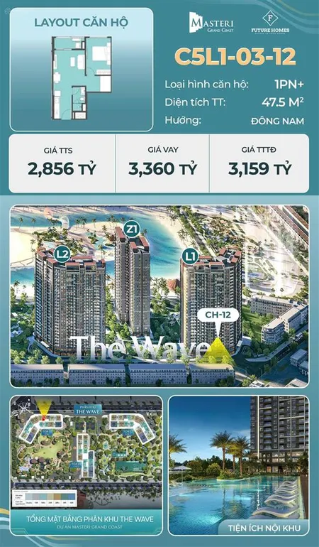 Cần bán căn hộ 1pn + masterise grand coast giá chỉ 2,856 tỷ chính sách ưu đãi khủng ck đến 15%