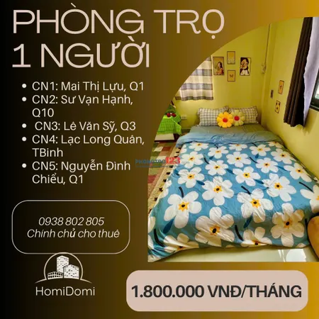 1,8TR/tháng PHÒNG TRỌ 1 NGƯỜI GẦN ĐH HUFLIT,Y KHOA PHẠM NGỌC THẠCH Q10,Q1