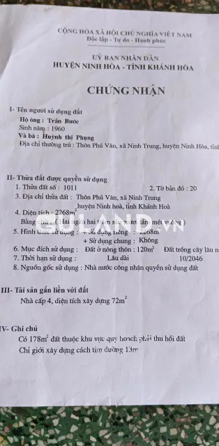 Mặt tiền đường liên xã Phú Văn Ninh Trung, 6x30-60 thổ, qh đường 13m