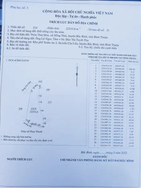 Bán  đất nông nghiệp 22333m² , giá 3 tỷ350tr tại đường Quốc lộ 1A, Xã Hồng Thái, Huyện Bắc Bình, Bình Thuận