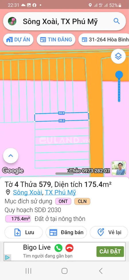 Bán đất mt đường nhựa thổ cư. Xã sông xoài